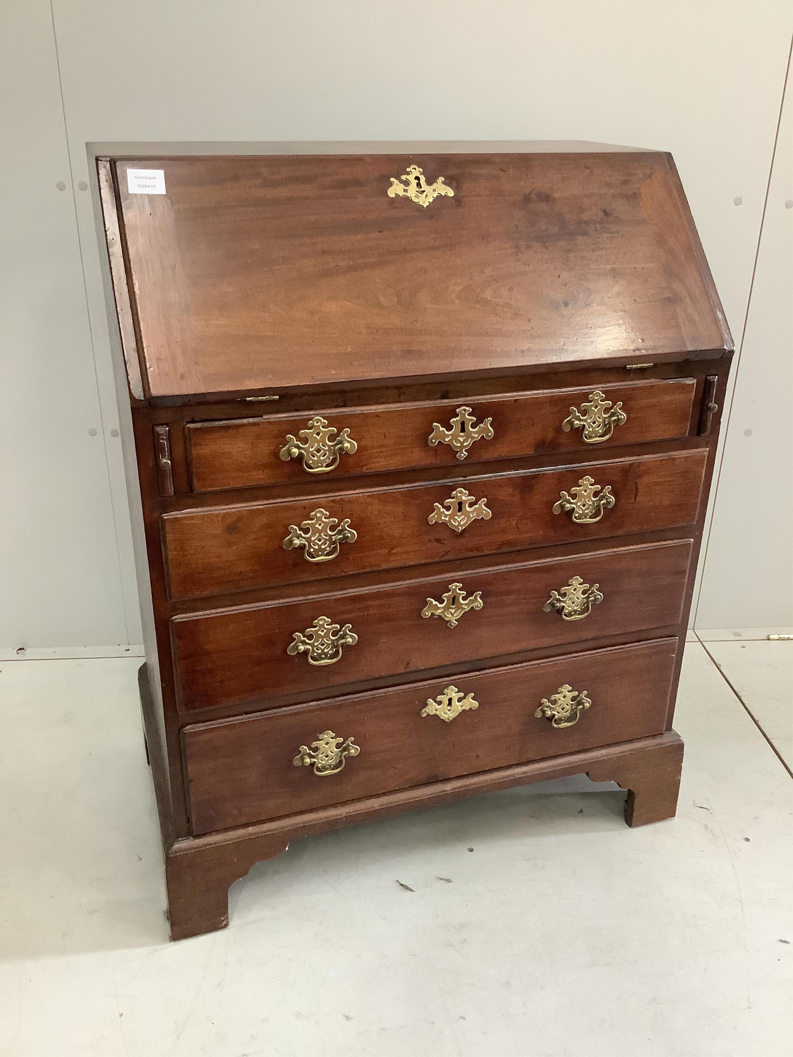 A small George III mahogany bureau, width 76cm, depth 46cm, height 100cm. Condition - fair